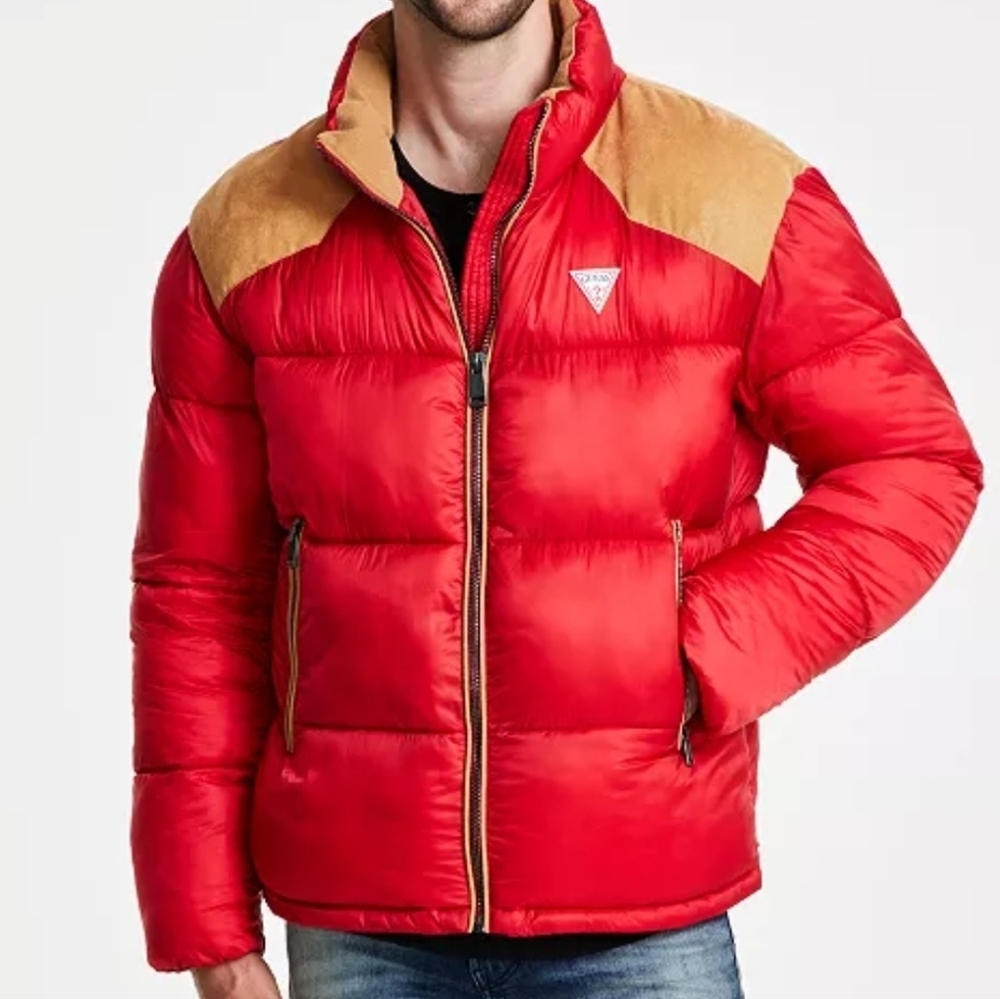 GUESS Larry Fabric Block Puffer Jacket Red Large - Picture 2 of 10